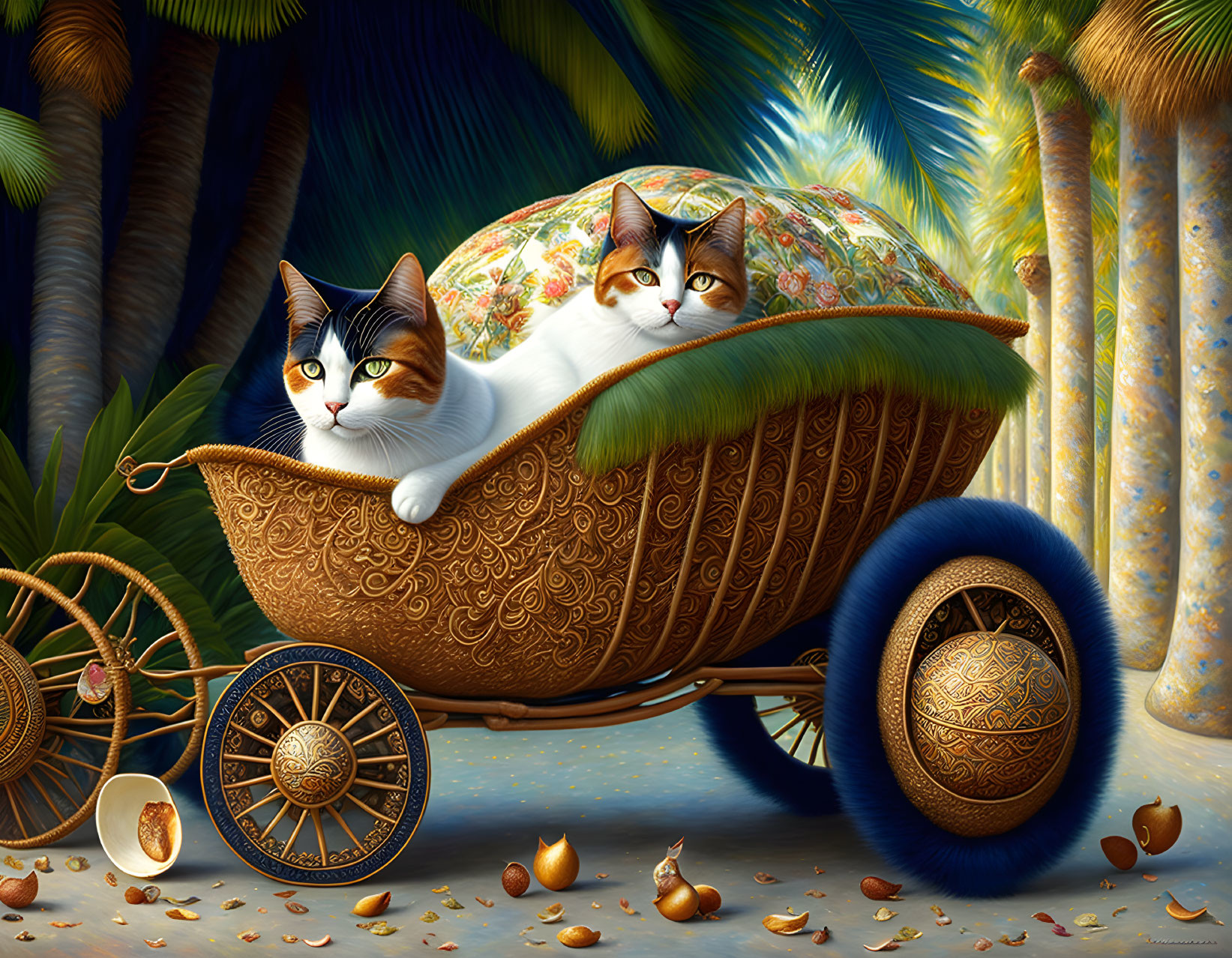 Two Cats Relaxing in Golden Carriage with Palm Trees and Seeds