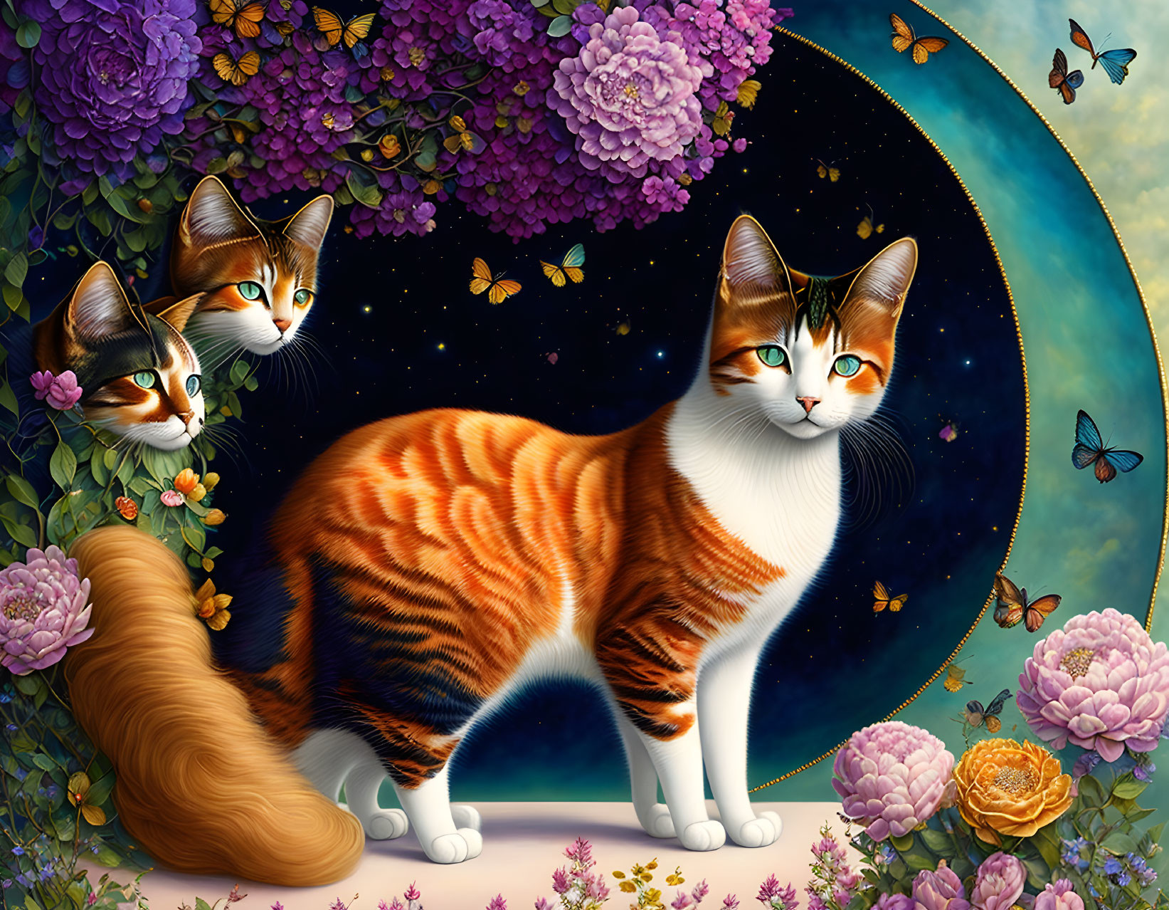 Colorful Cats in Cosmic Setting with Flowers, Butterflies, and Moon