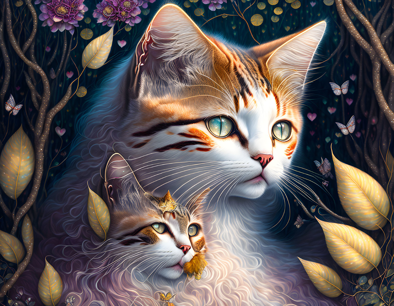 Majestic cats with vibrant eyes in fantasy floral setting