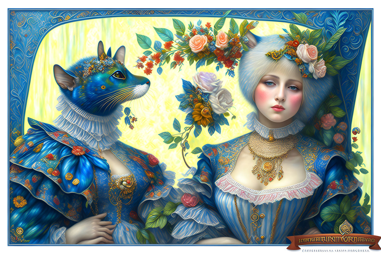 Regal fox and woman in vintage attire with floral frame