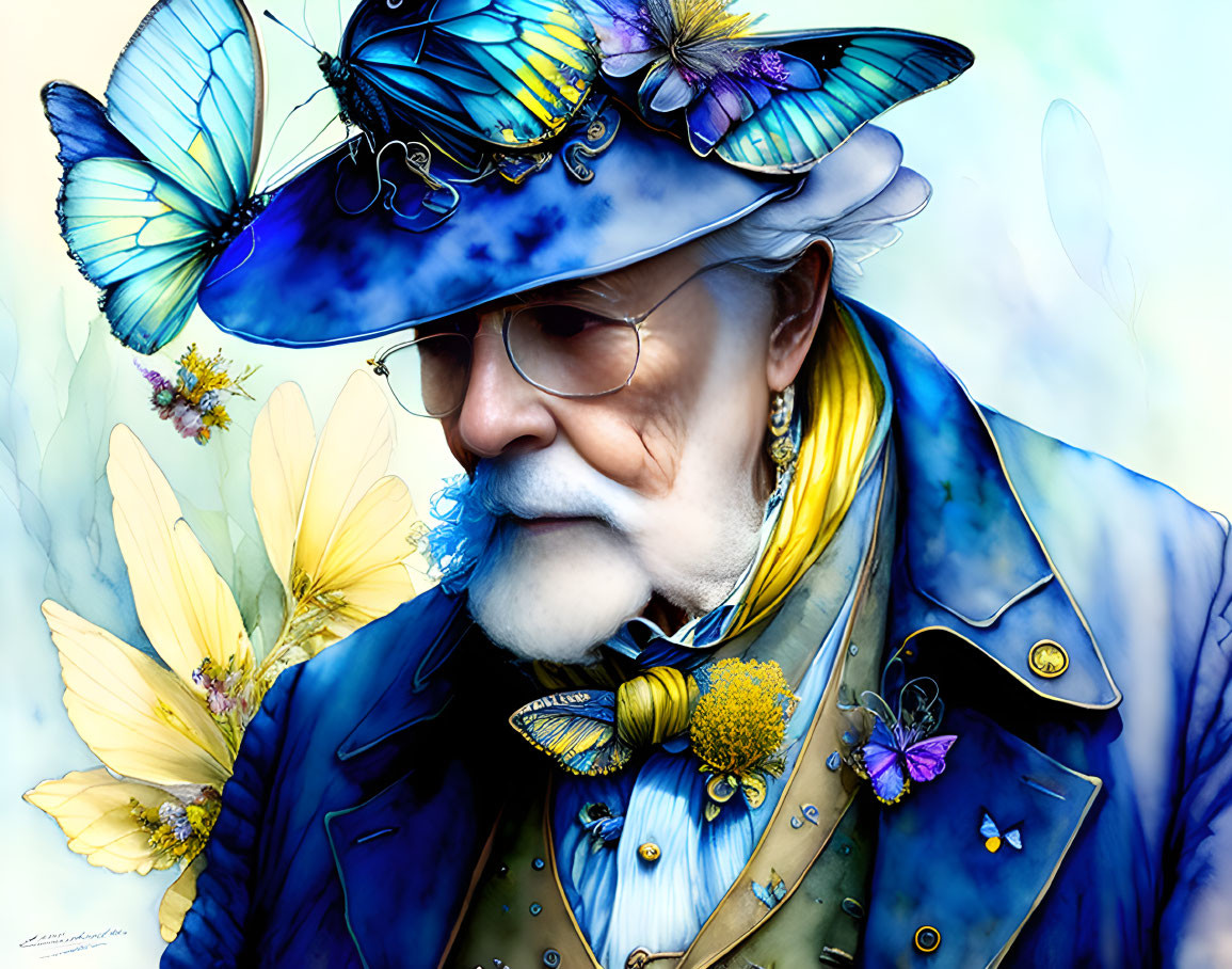 Illustrated elderly man with beard in blue hat among yellow flowers