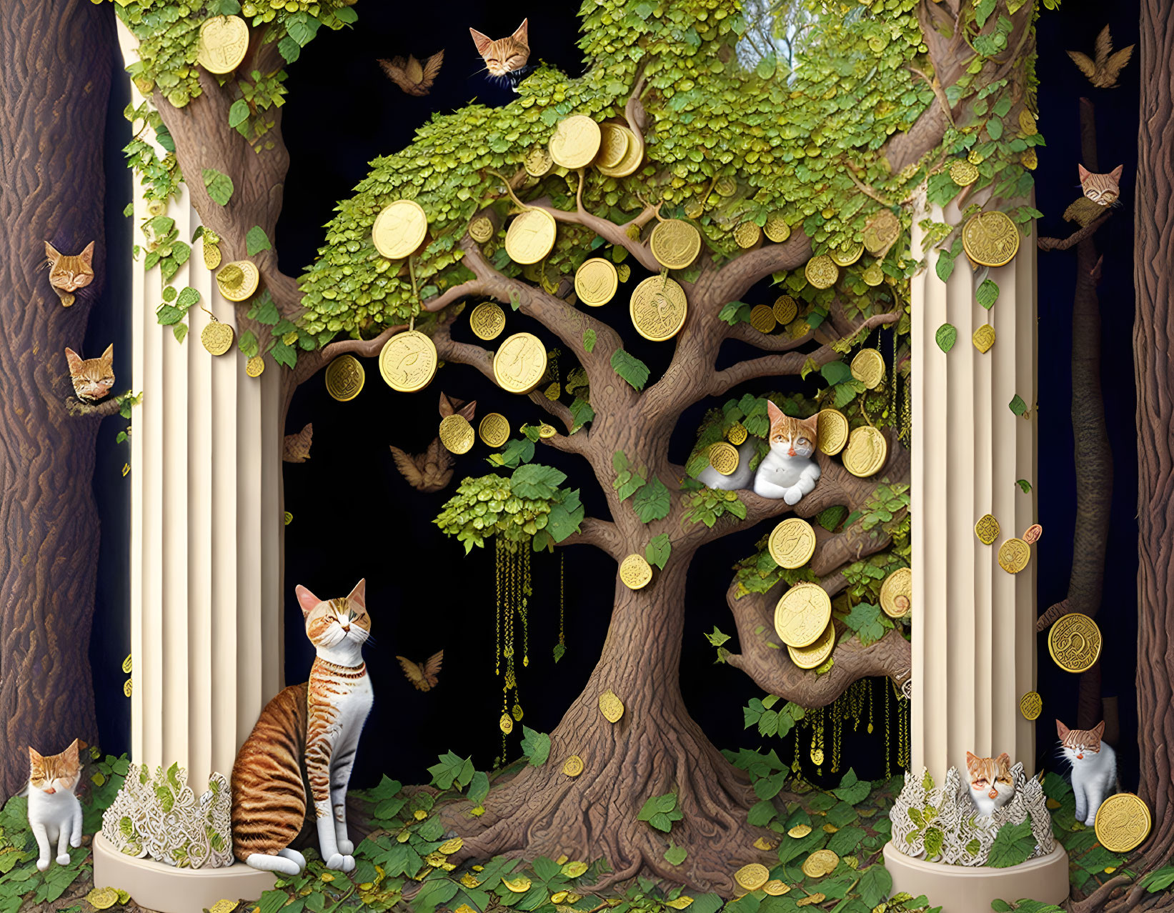 Whimsical cat and gold coin tree illustration in fantastical forest