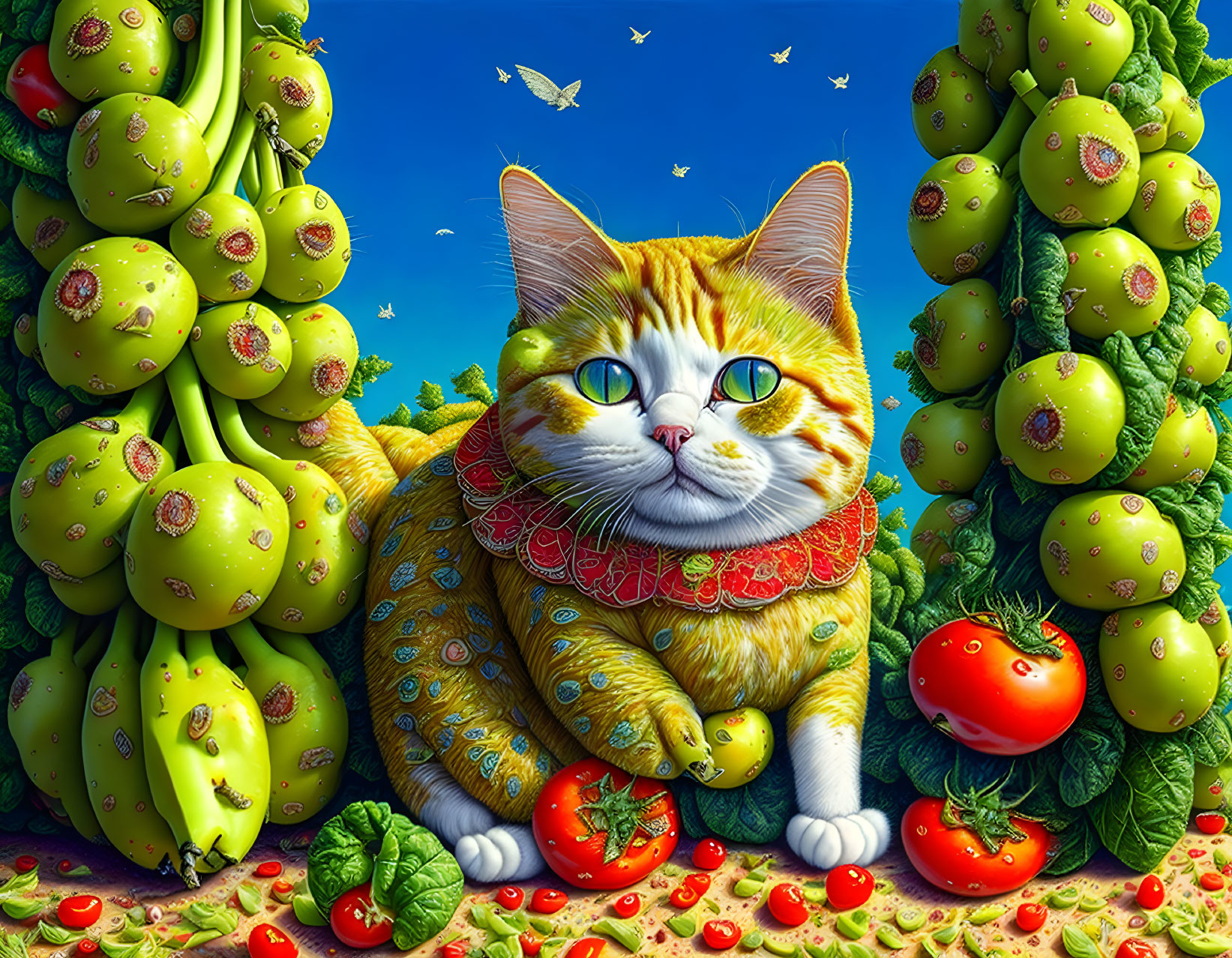 Surreal cat illustration among vegetables and birds