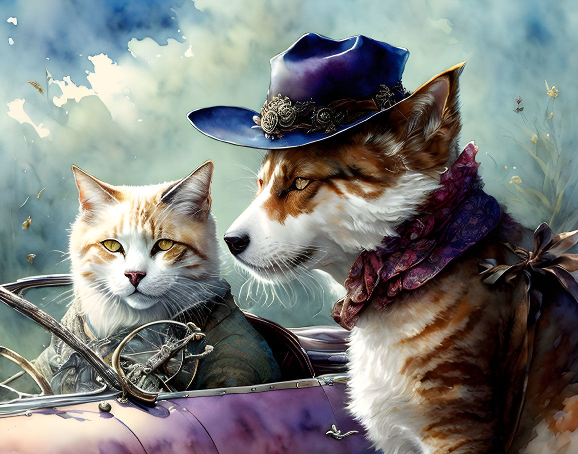 Illustration of cat and fox in fancy hats and vintage car under blue sky