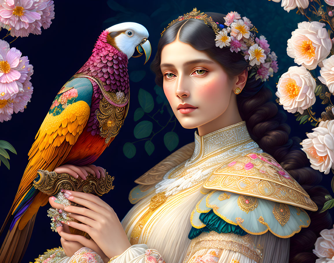 Detailed woman in golden dress with parrot among lush foliage