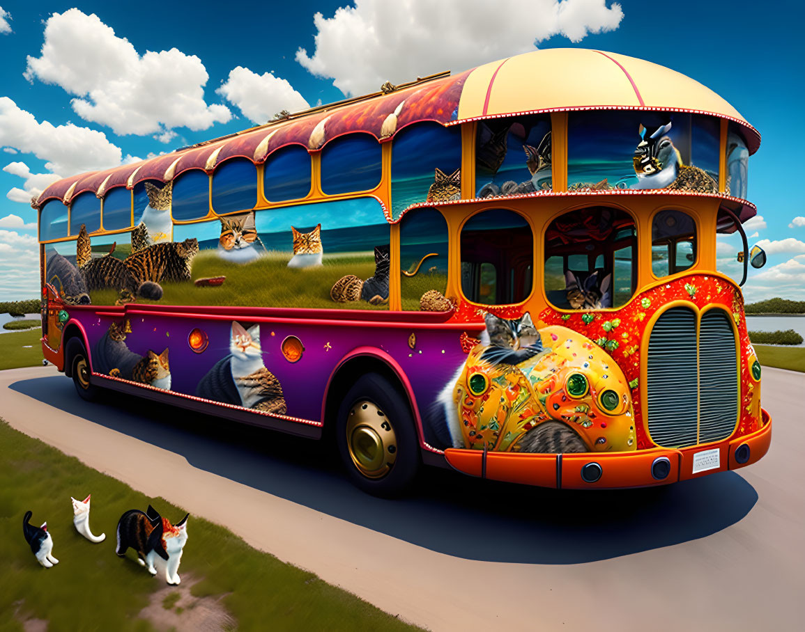 Colorful Double-Decker Bus with Cat Designs on Blue Sky Background