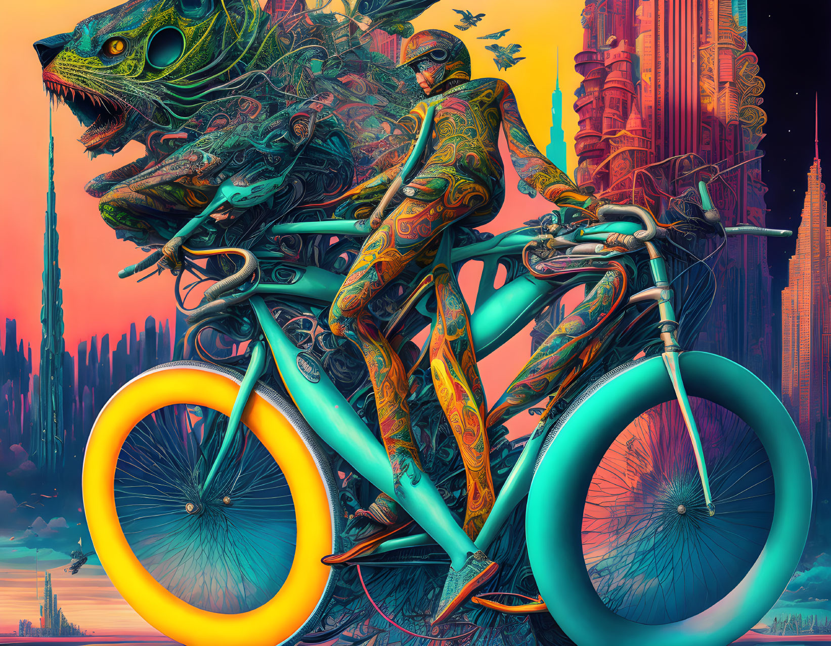 Surreal artwork: Person with intricate designs on a bicycle in futuristic cityscape