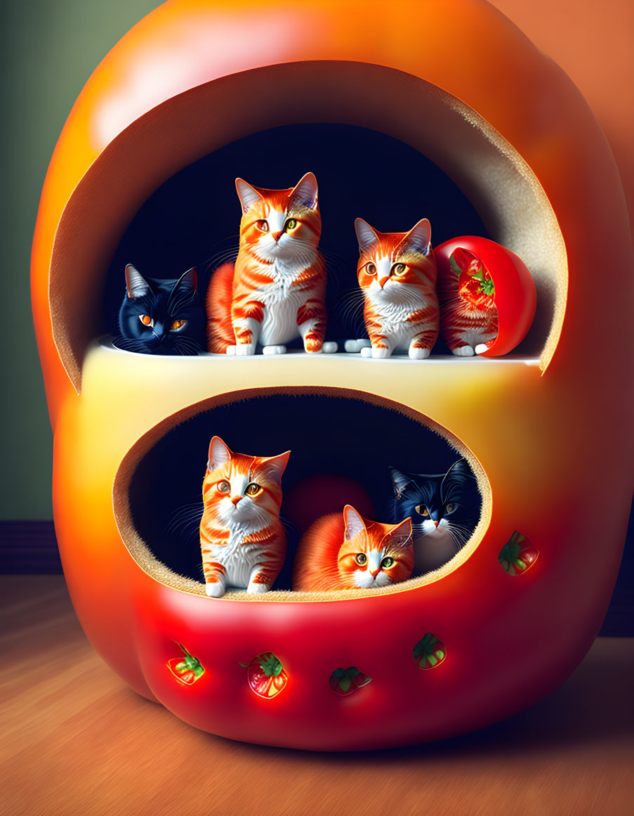 Six cats in diverse patterns inside orange-shaped cat house with mini oranges.