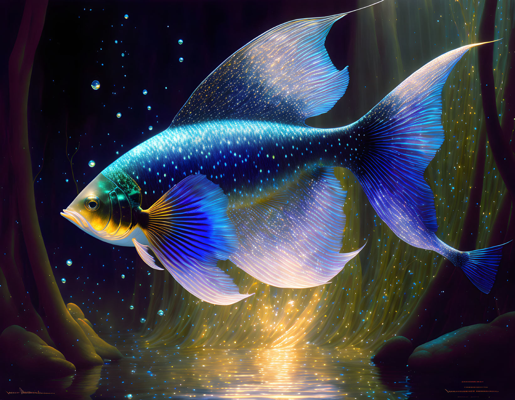 Ethereal fish swimming in enchanted underwater scene