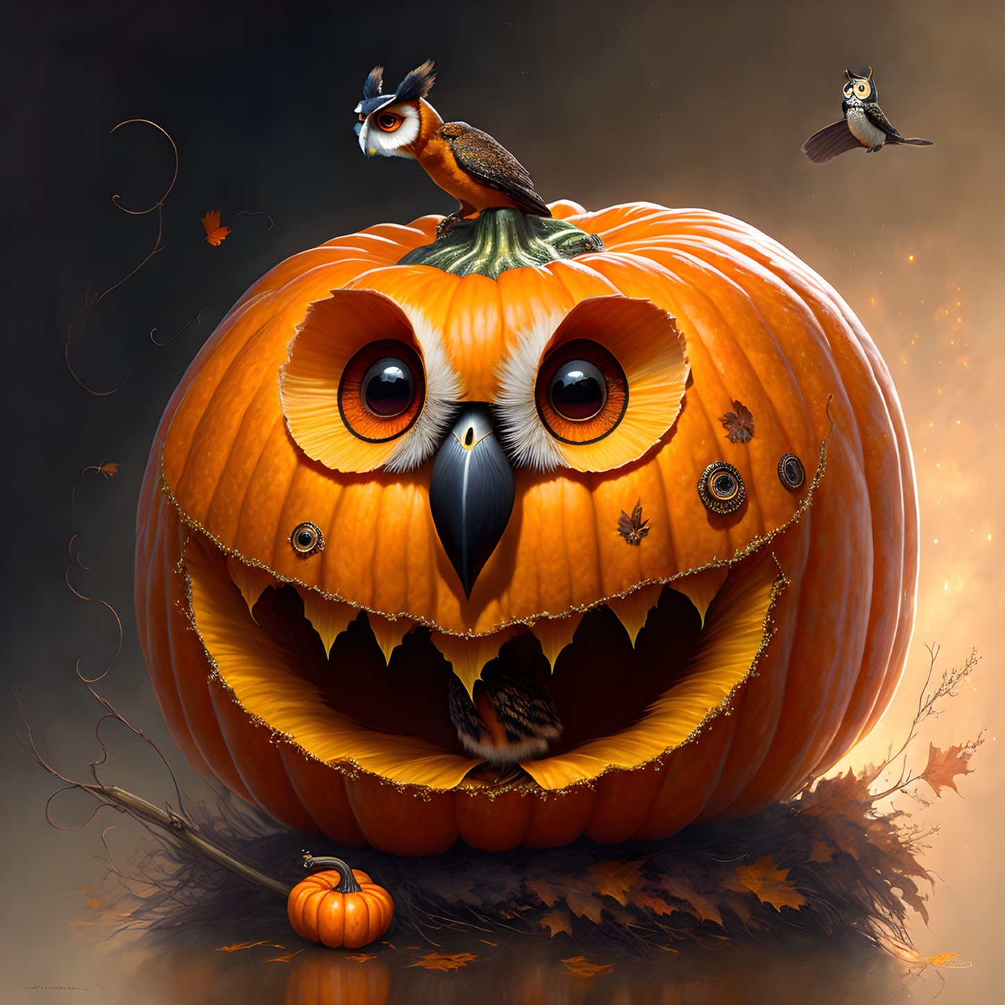 Whimsical owl-themed pumpkin illustration with autumn backdrop