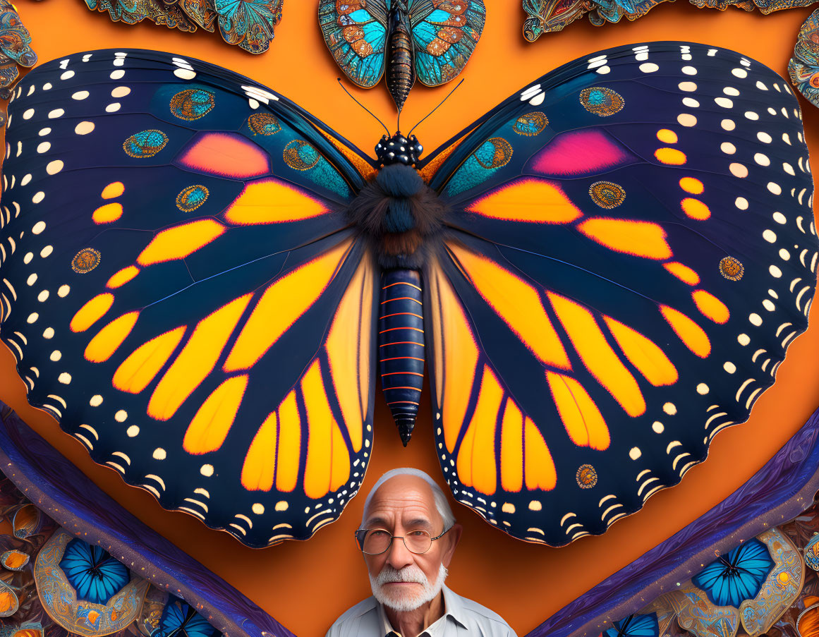 Elderly Man with White Beard as Vibrant Butterfly on Ornate Background