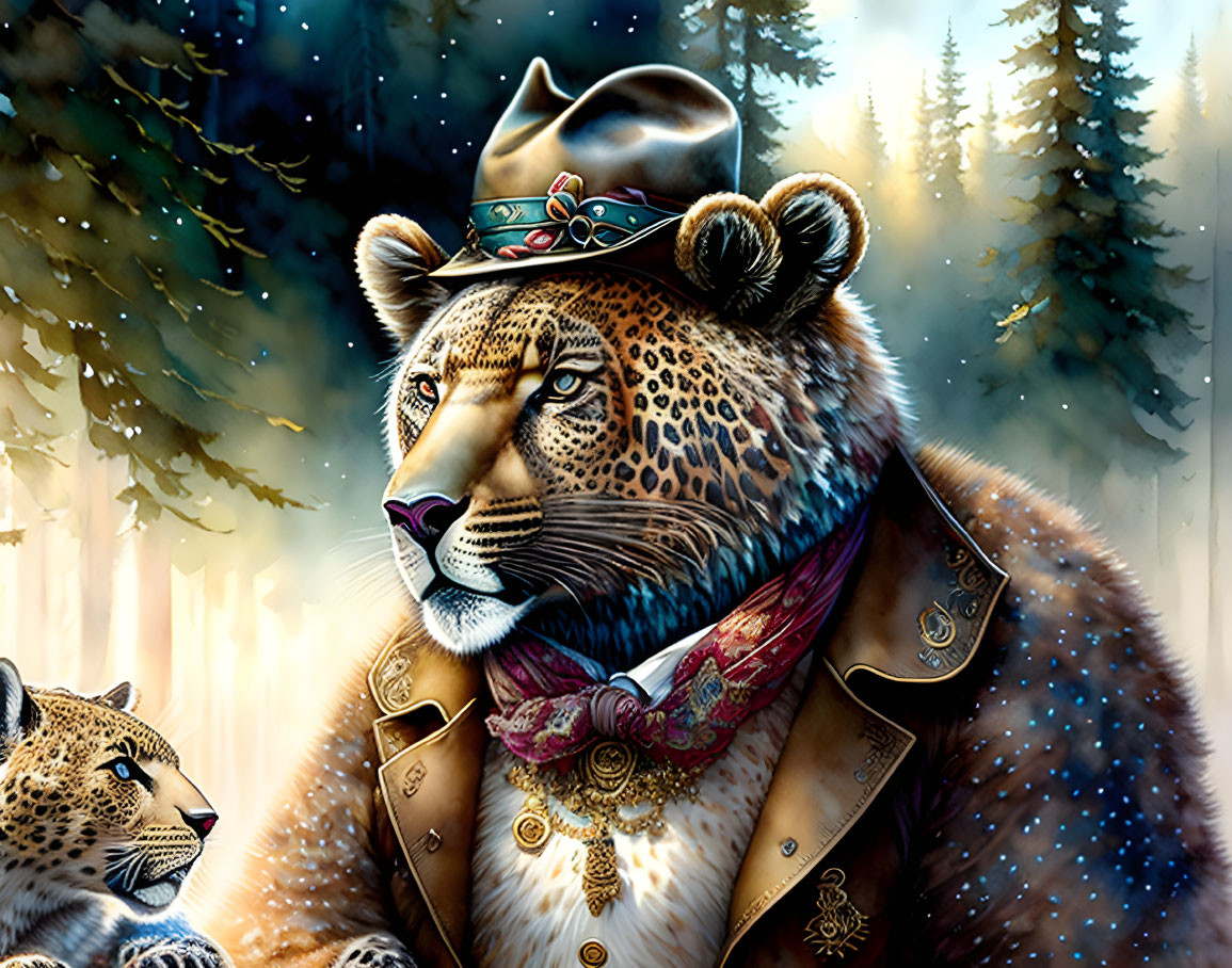 Anthropomorphic leopard in vintage attire with cub in snowy forest setting