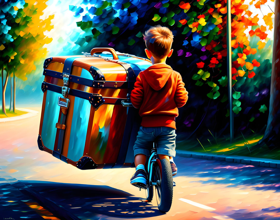 Boy on Bicycle Carrying Colorful Suitcase Along Sunlit Path