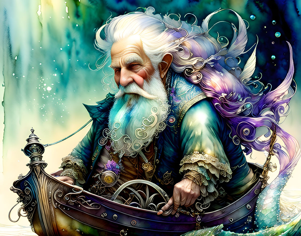 Elderly wizard sailing miniature ship under mystical aurora