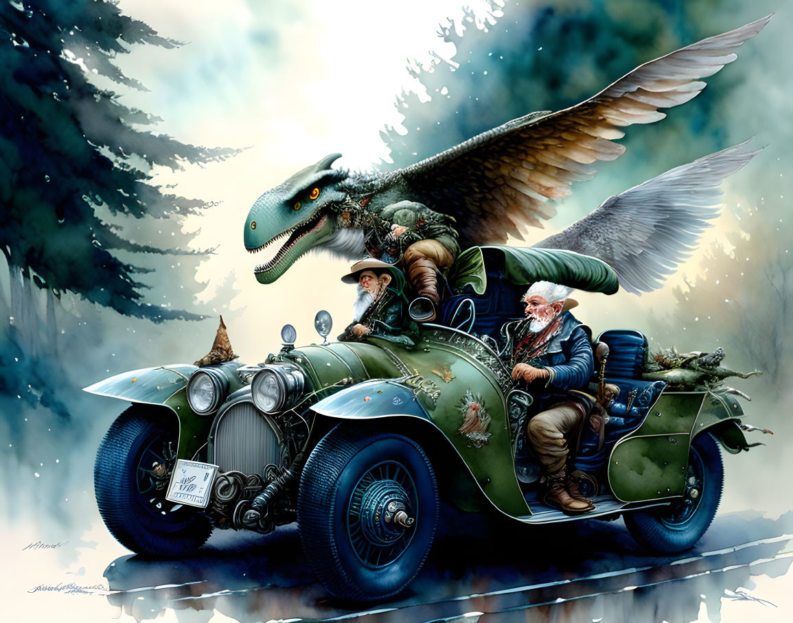 Illustration of two explorers in vintage car with winged dinosaur in misty forest