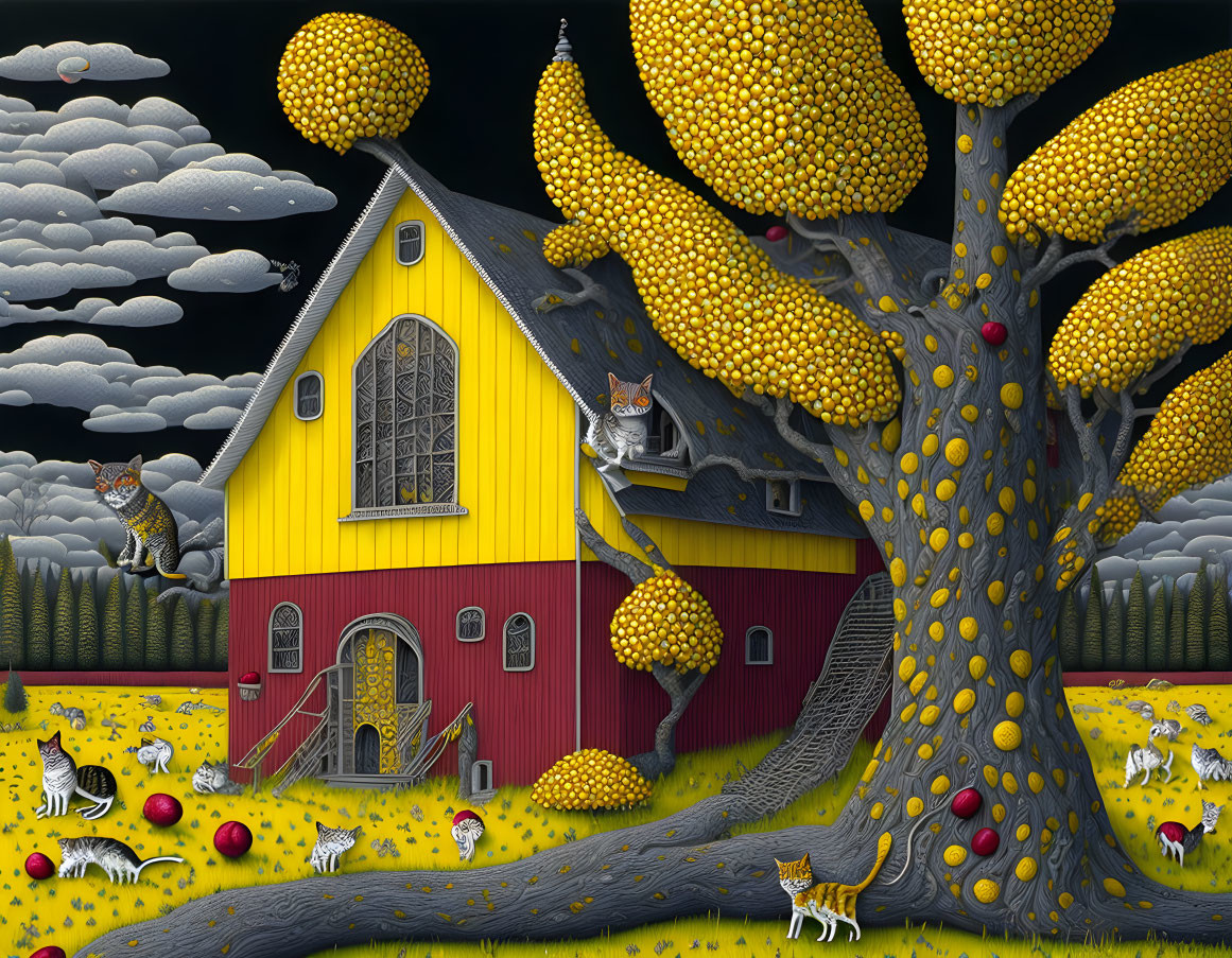 Colorful illustration of red barn, yellow fruit trees, cats, and cloudy sky