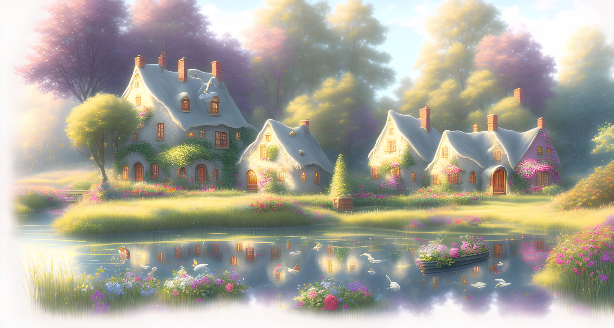 Tranquil lake scene with cottage village, blooming flowers, sunlight, and boat