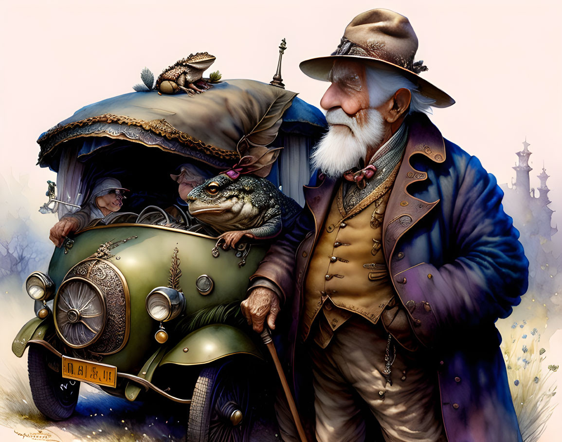 Elderly gentleman with frogs in vintage car scene