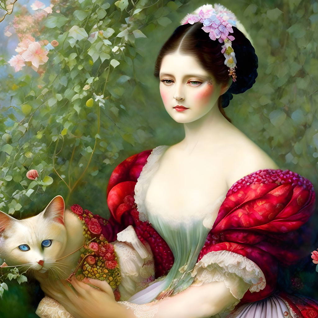 Classic Style Painting: Woman in Red Dress with Siamese Cat and Floral Surroundings