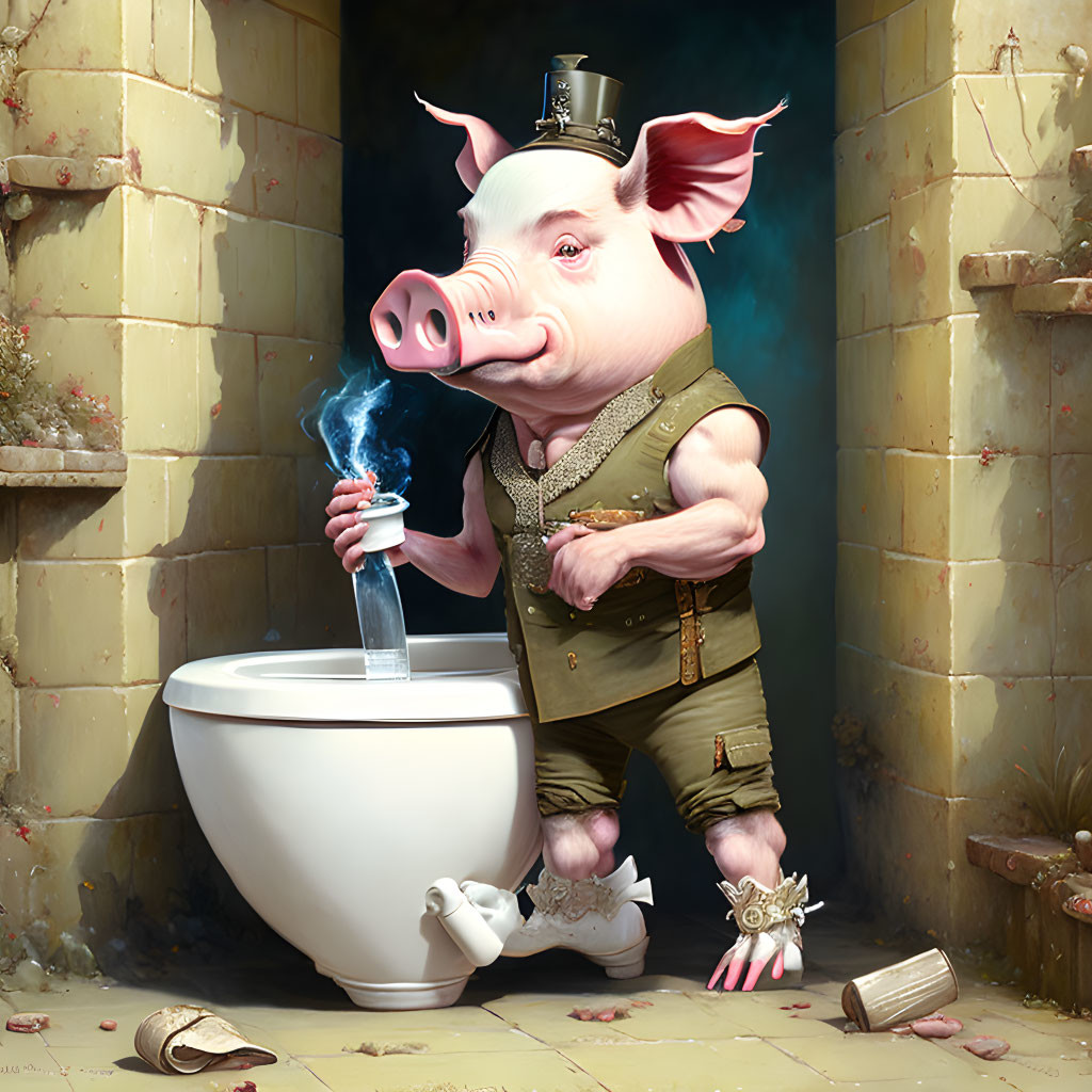 Vintage-dressed pig with pipe by old toilet in rundown bathroom