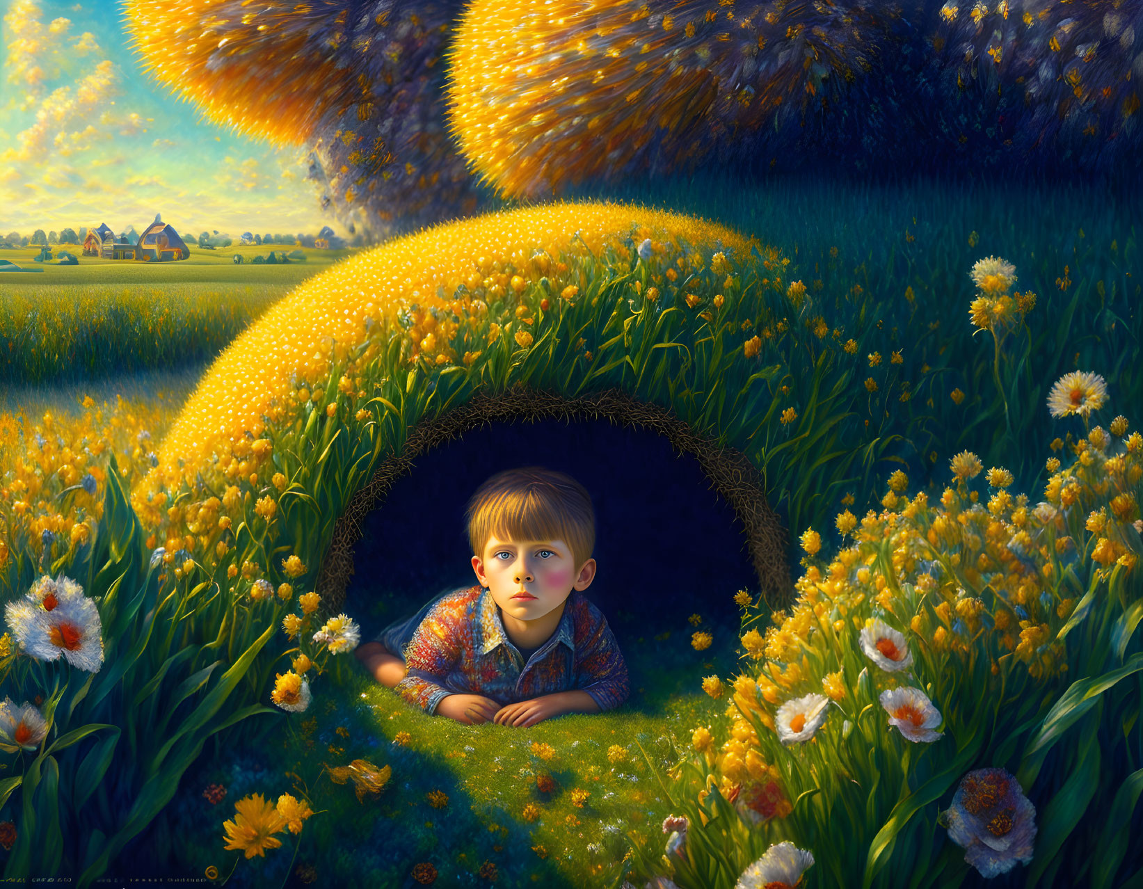 Child in grassy tunnel surrounded by yellow flowers and farmhouse.