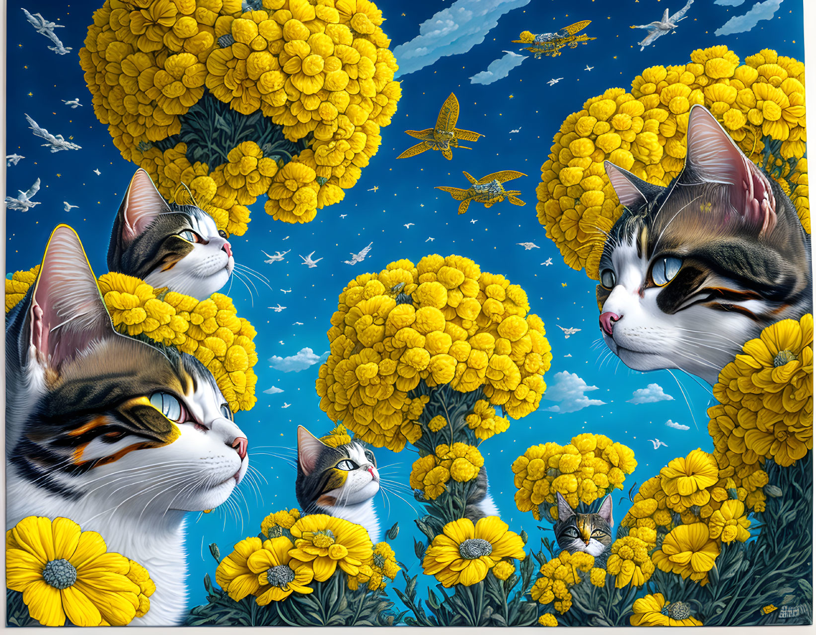 Three cats in a field of yellow marigold flowers under a starry night sky.