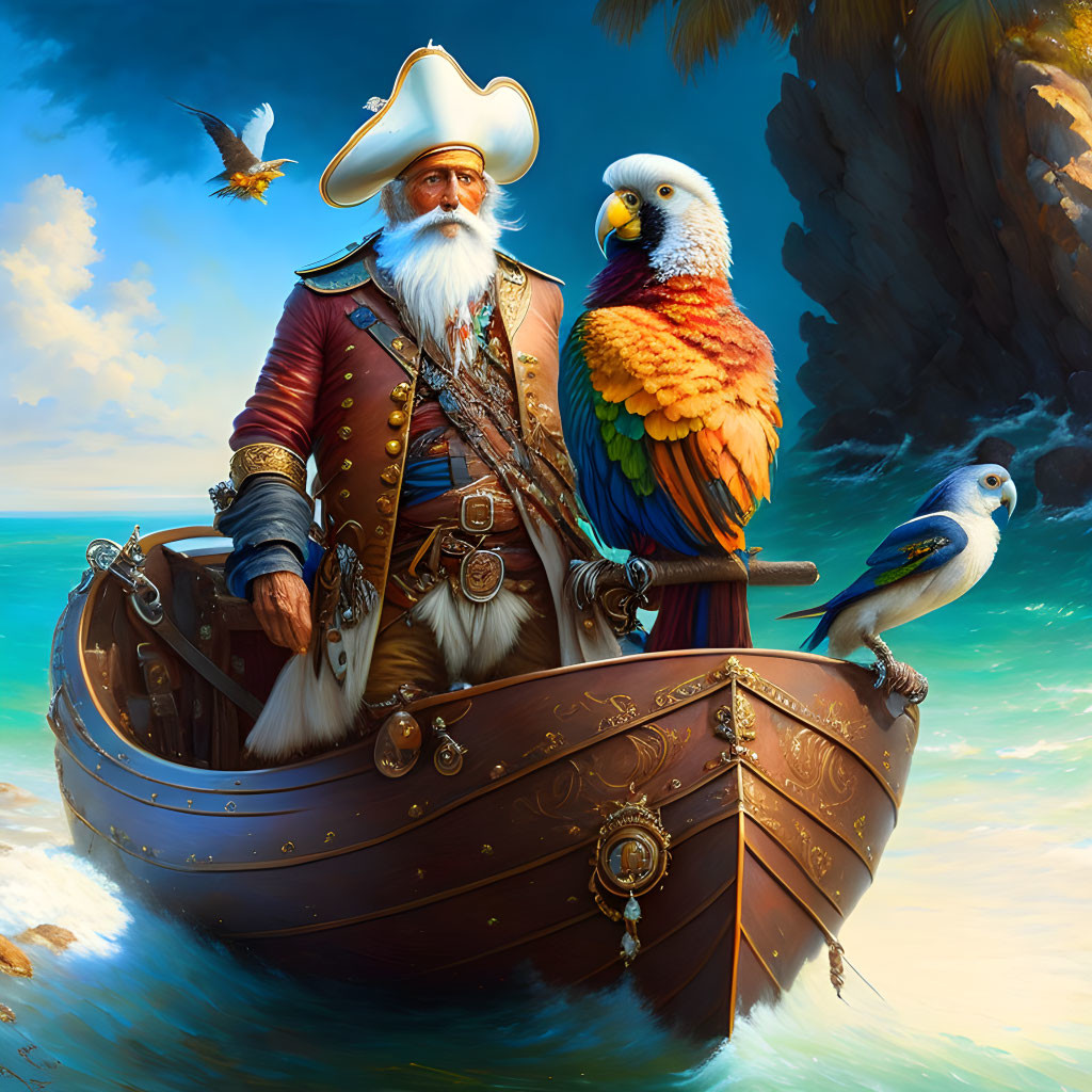 Illustration of old pirate with white beard, tricorn hat, colorful parrot, and tropical scenery