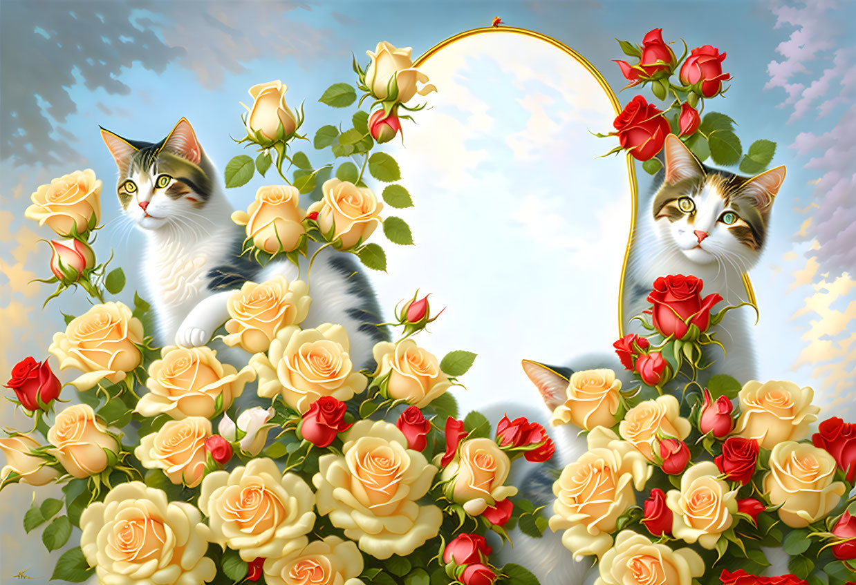 Two cats by yellow rose-framed mirror under blue sky.