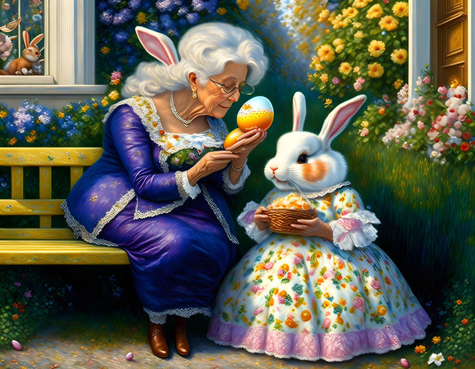 Elderly lady and bunny in purple dress with painted egg in flower-filled garden