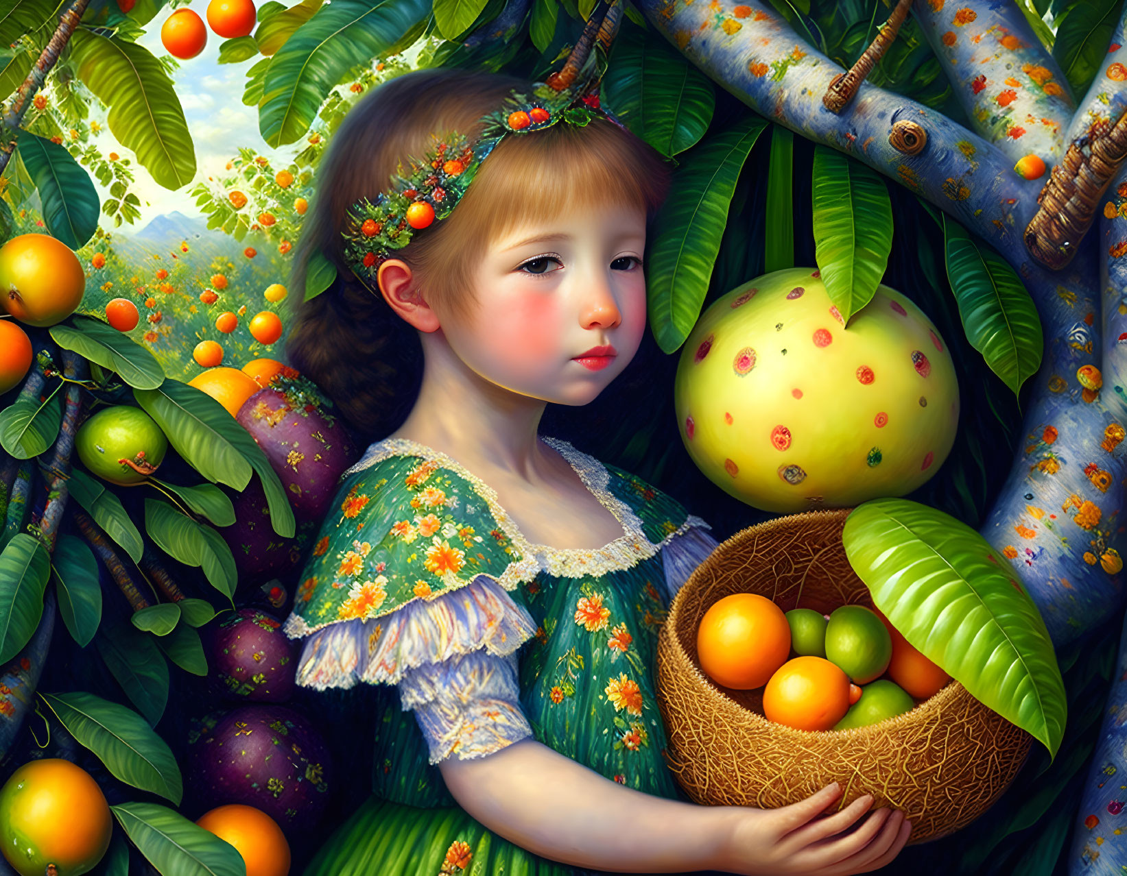 Young girl in flower crown and vintage dress with fruit basket in lush, colorful setting