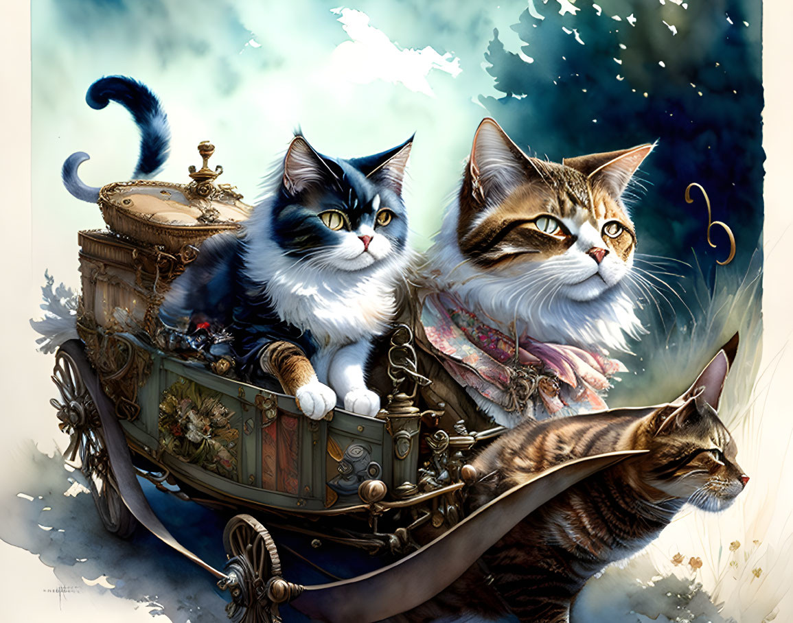 Whimsical flying carriage with three cats on vintage details against cloudy sky