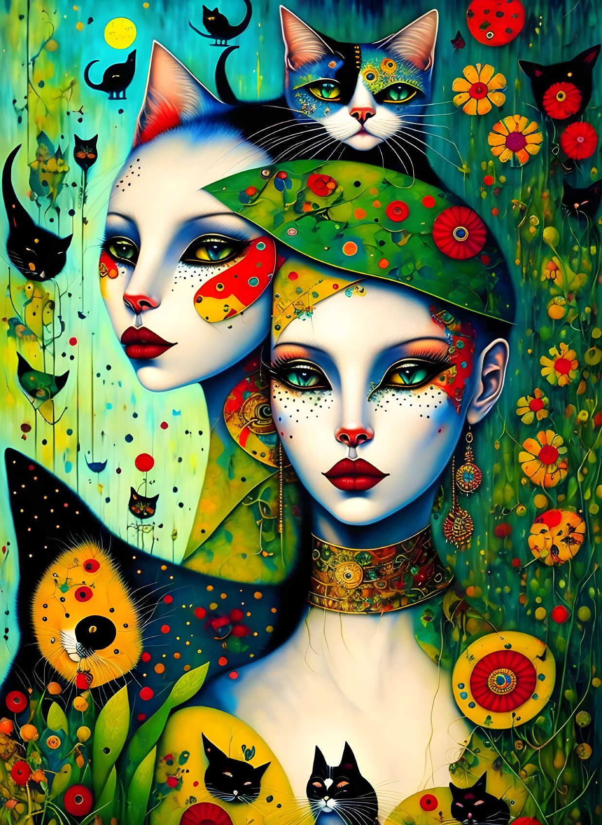 Colorful Artwork: Stylized Women's Faces with Cat Motifs and Flowers