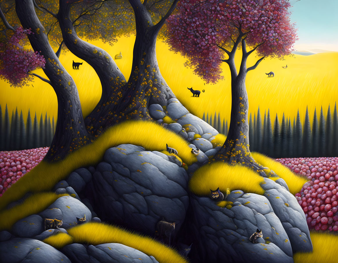 Whimsical landscape with yellow-leaved trees and playful cats in twilight setting