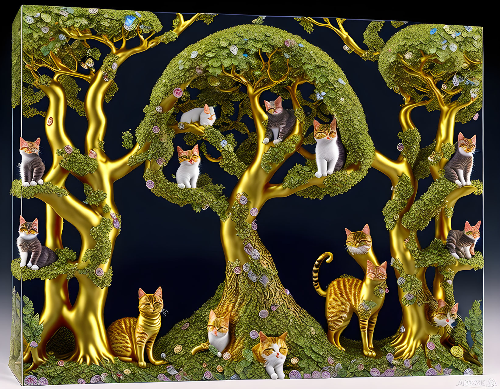 Digital artwork of cats in magical forest with golden tree branches