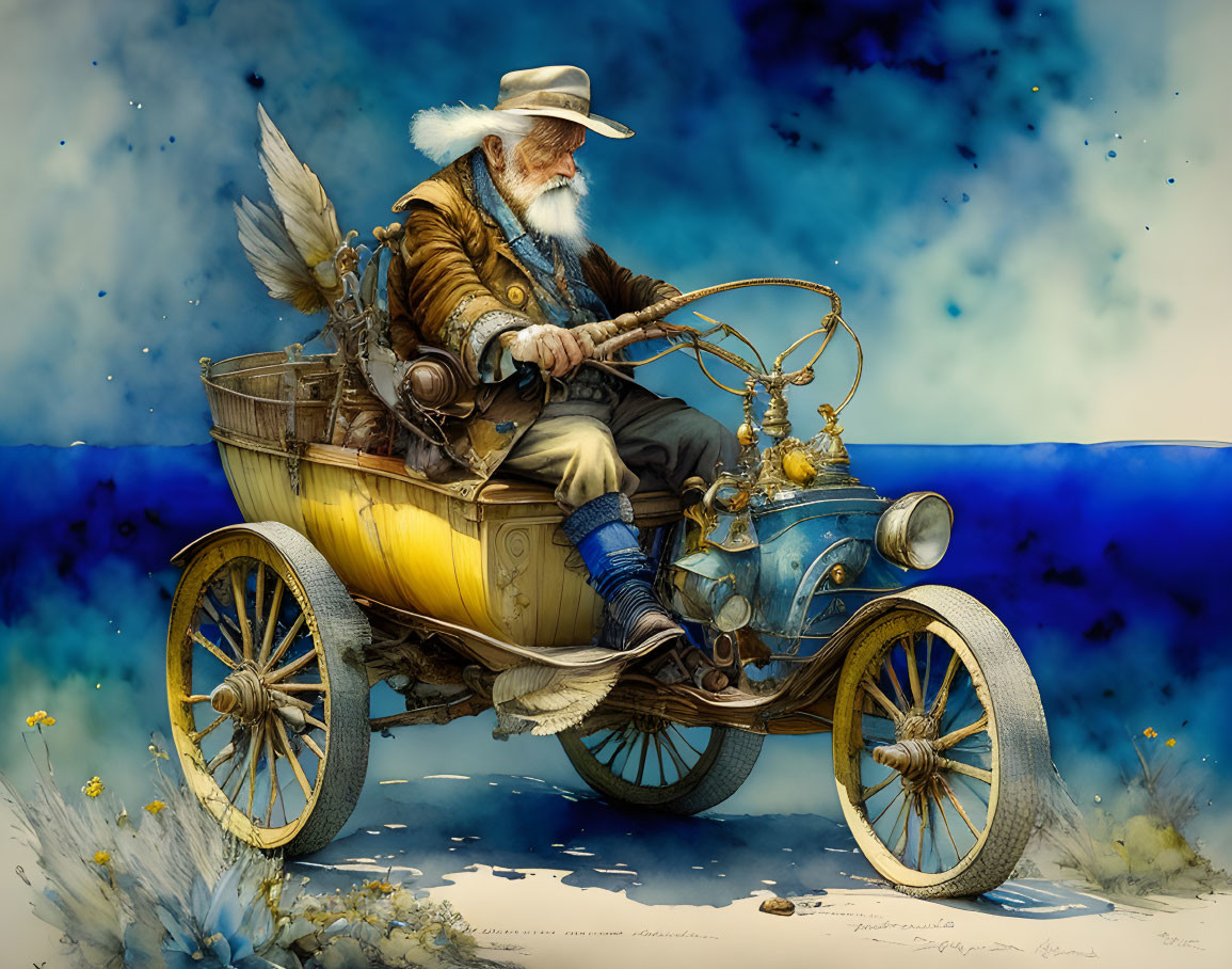 Elderly man pilots whimsical flying wooden car on blue background