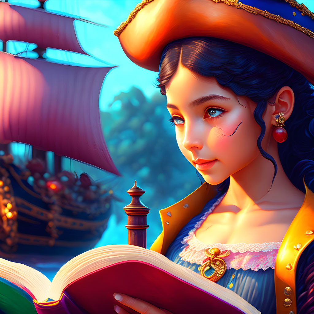 Colorful young female pirate with open book and tricorne hat on ship at sea sunset