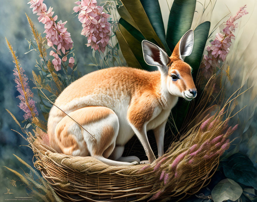 Young antelope in wicker basket surrounded by greenery and pink flowers