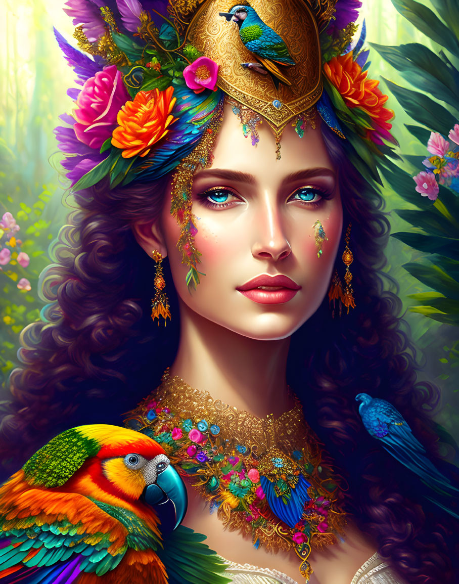 Woman wearing crown with birds, floral adornments, blue jewels, vibrant attire, makeup, tropical bird