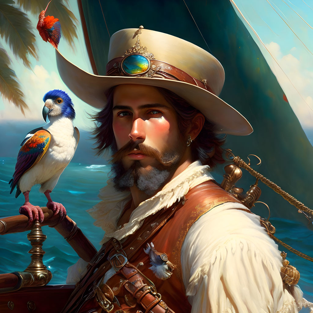 Bearded man in wide-brimmed hat with parrot on shoulder against ship rigging background