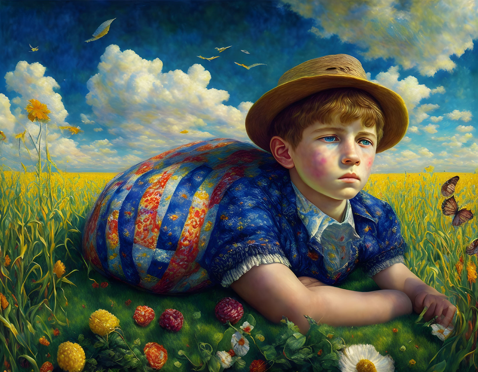 Boy in straw hat merges with watermelon in field with flowers and butterflies