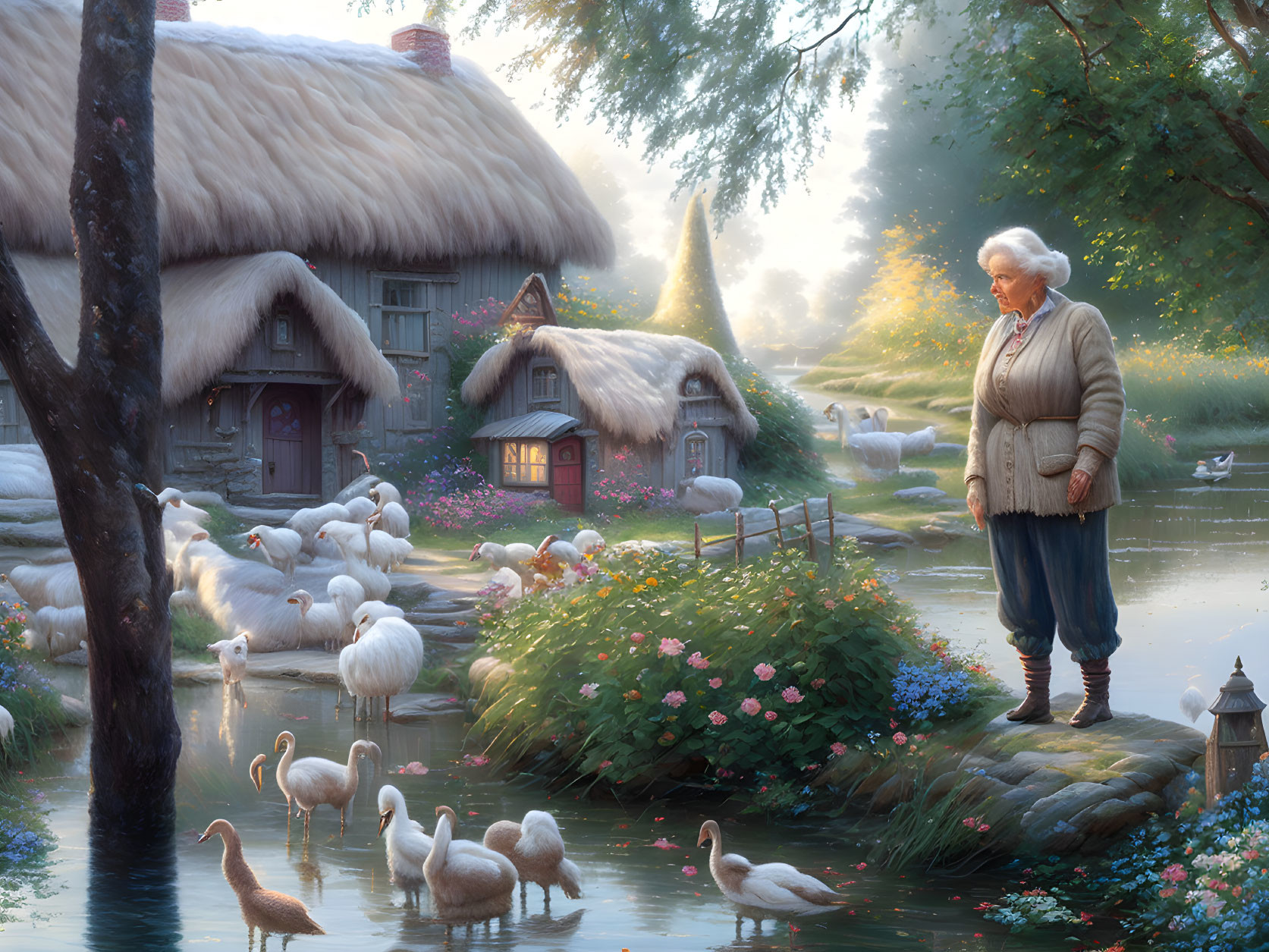 Tranquil scene of elderly woman by pond and cottages