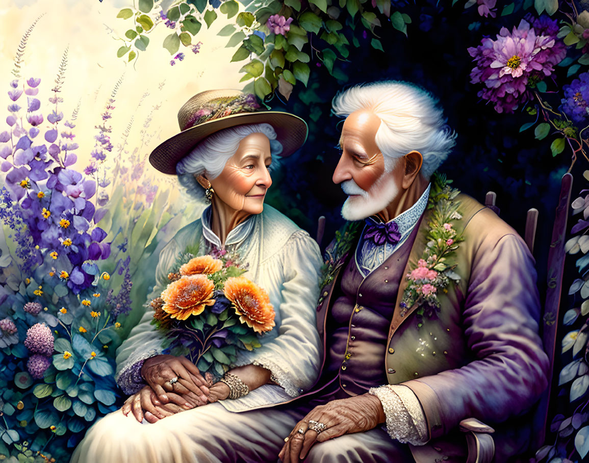 Elderly Couple Sitting on Bench Surrounded by Flowers