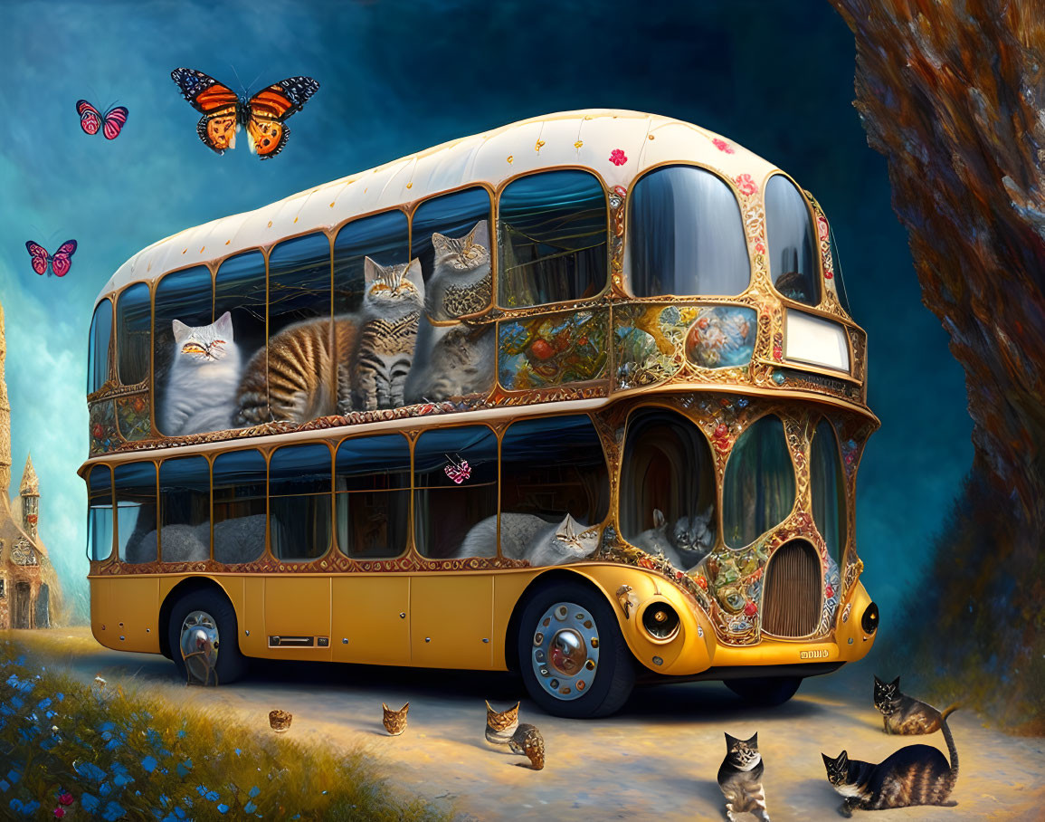 Vintage Double-Decker Bus Illustration with Cats and Butterflies