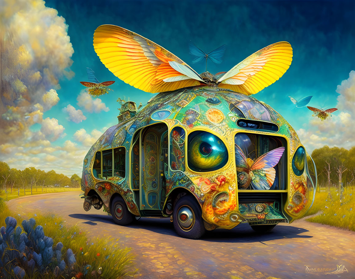 Colorful Insect-Inspired Vehicle with Butterfly Wings in Sunny Landscape