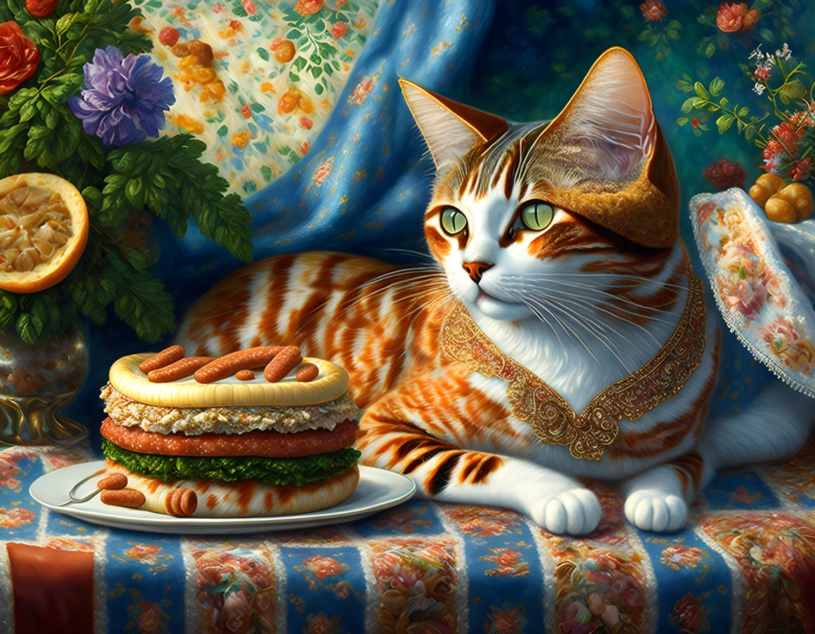 Orange Tabby Cat in Luxurious Attire Beside Plate of Macarons