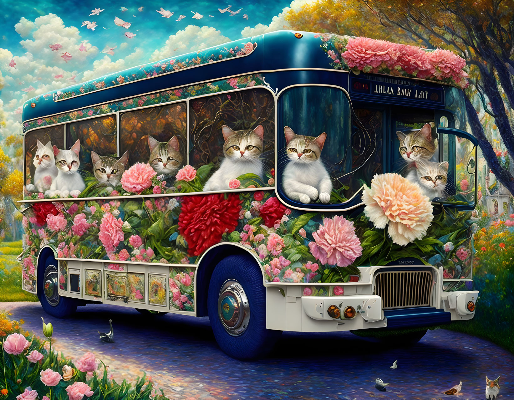 Vintage Blue Bus with Cats and Flowers in Colorful Landscape