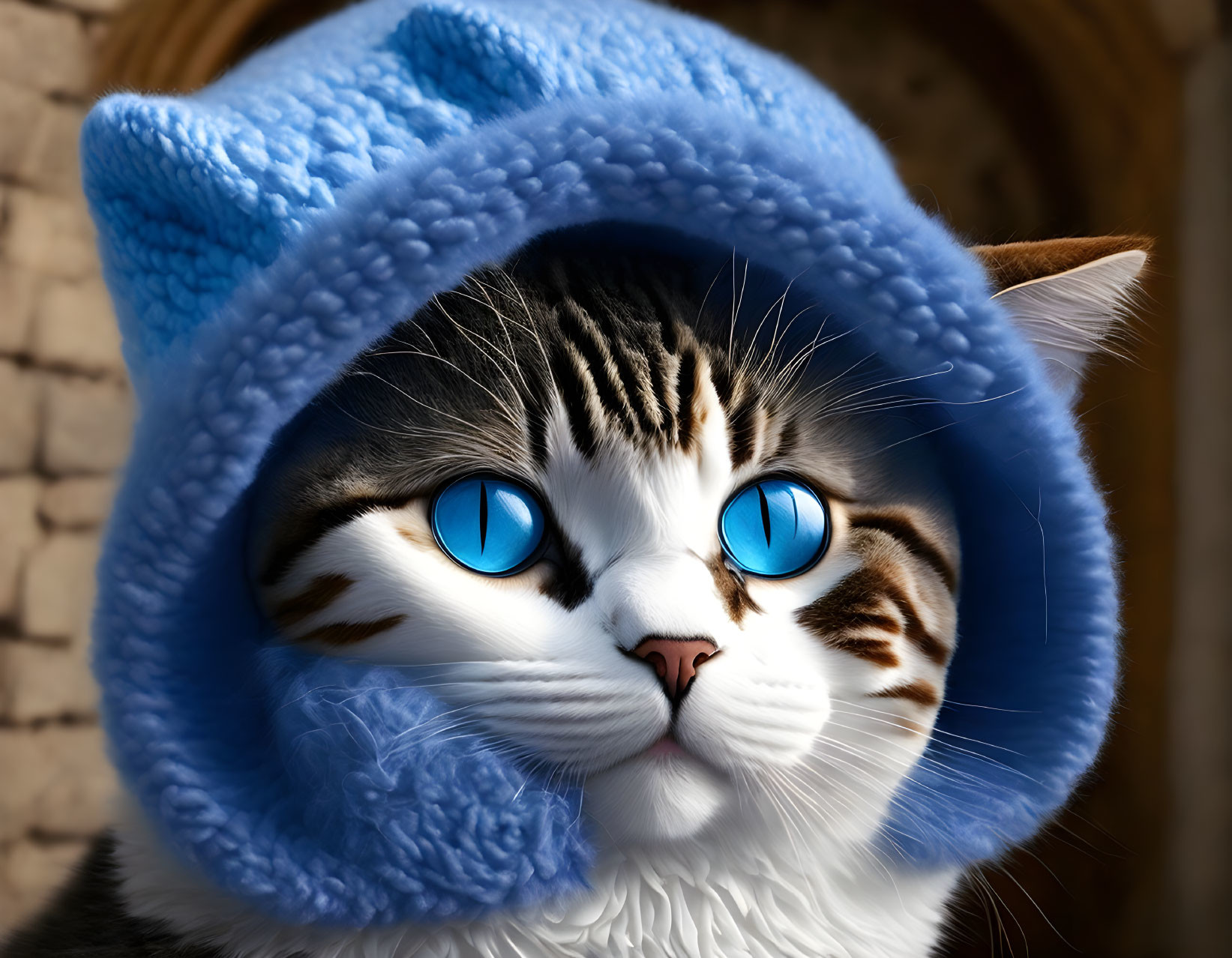 Tabby Cat with Blue Eyes in Fuzzy Blue Cat Hat