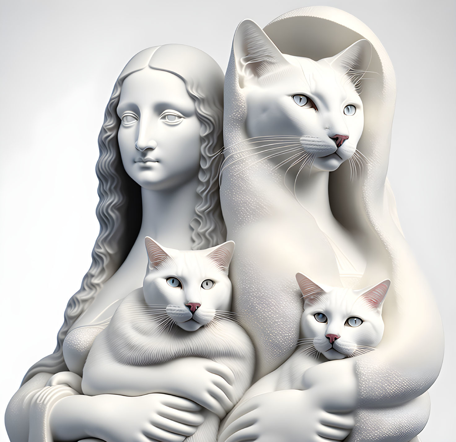 Digital artwork: Mona Lisa blended with cats, woman with long hair, two white cats with blue eyes