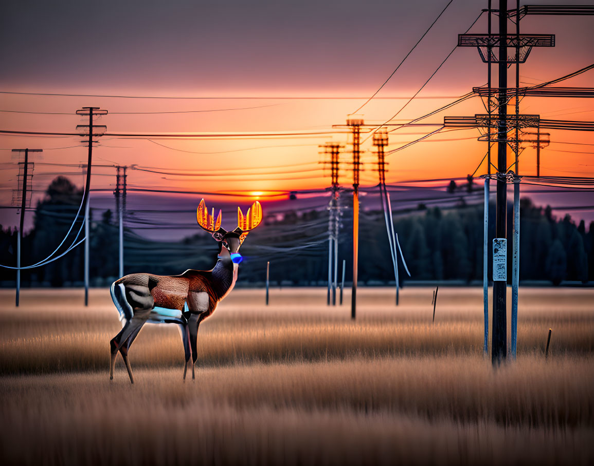 Glowing antlered deer in golden field at sunset with power lines and poles.