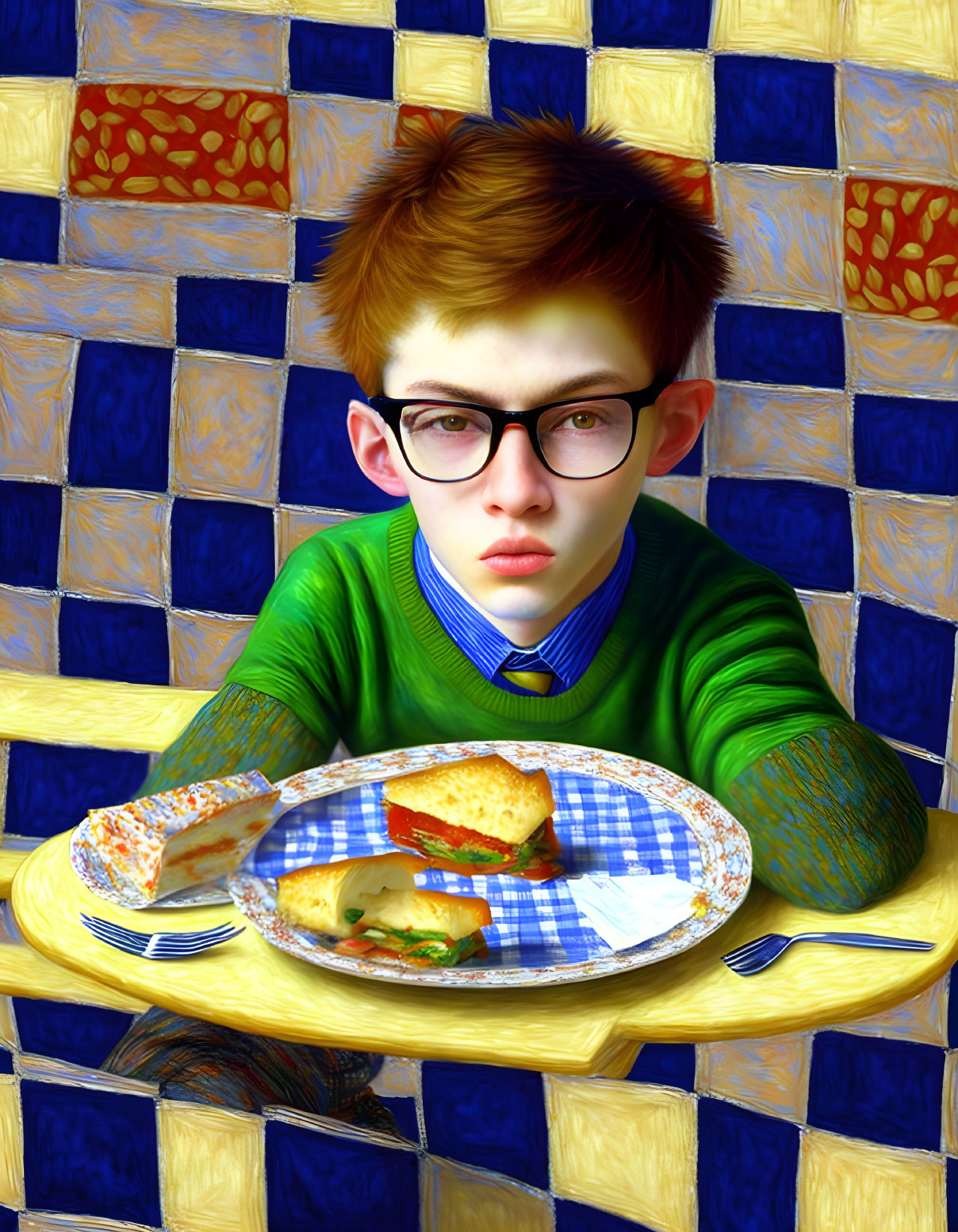 Young person with glasses at table with sandwiches on blue and yellow tiles